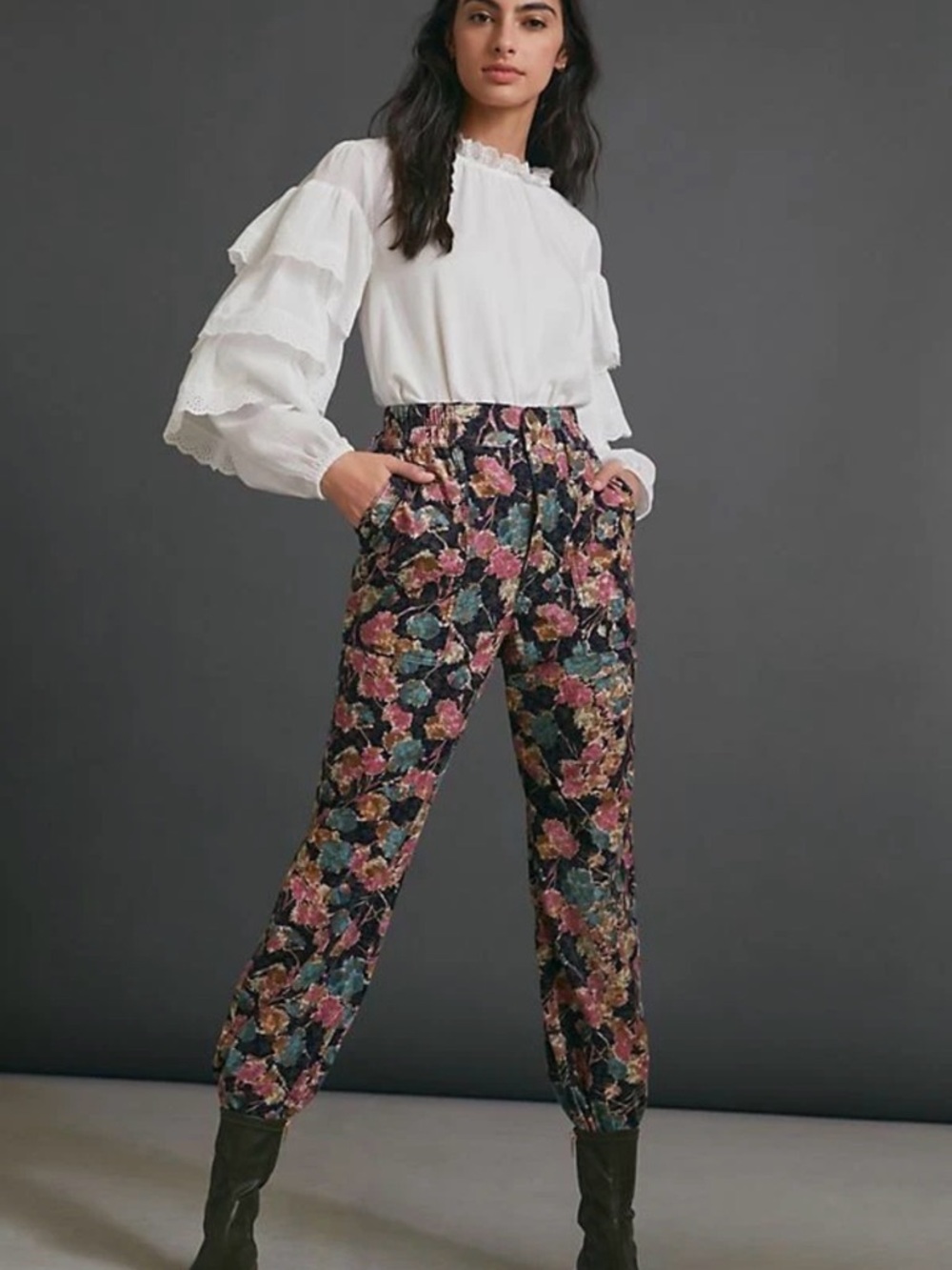 Anthropologie Floral Corduroy Baggie Joggers Elastic-Waist  Pants  Sz M